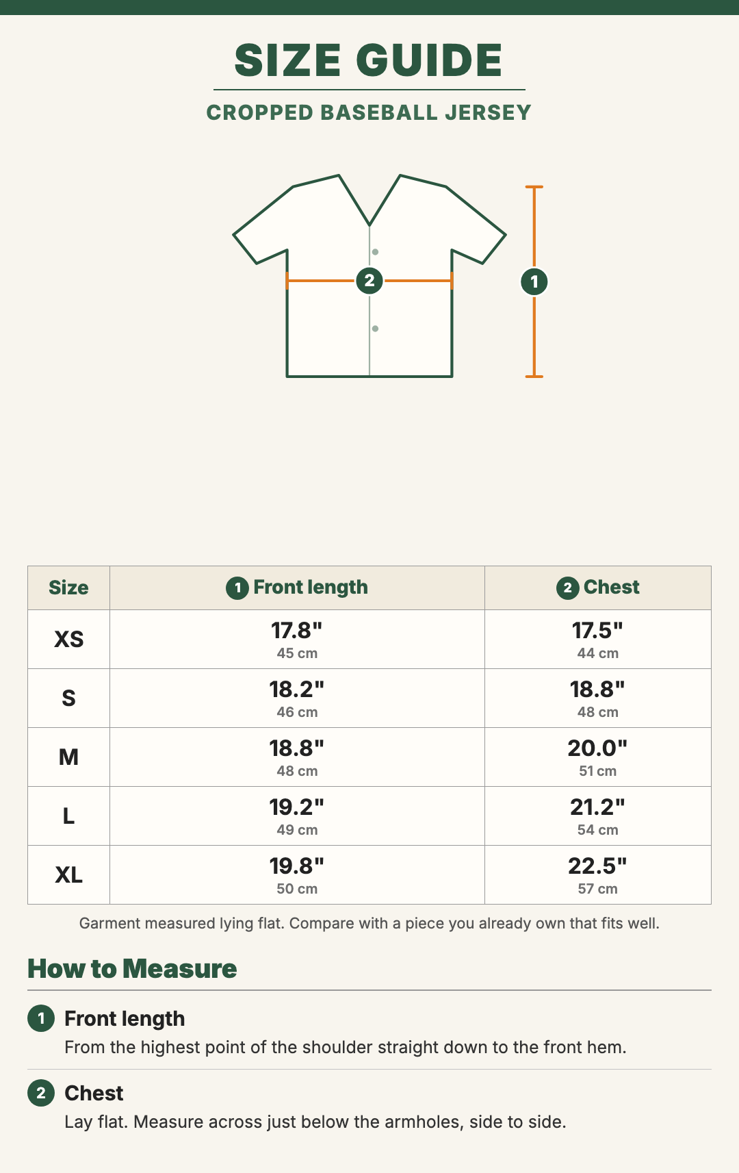 Cropped Baseball Jersey size guide with a drawing showing where each measurement is taken