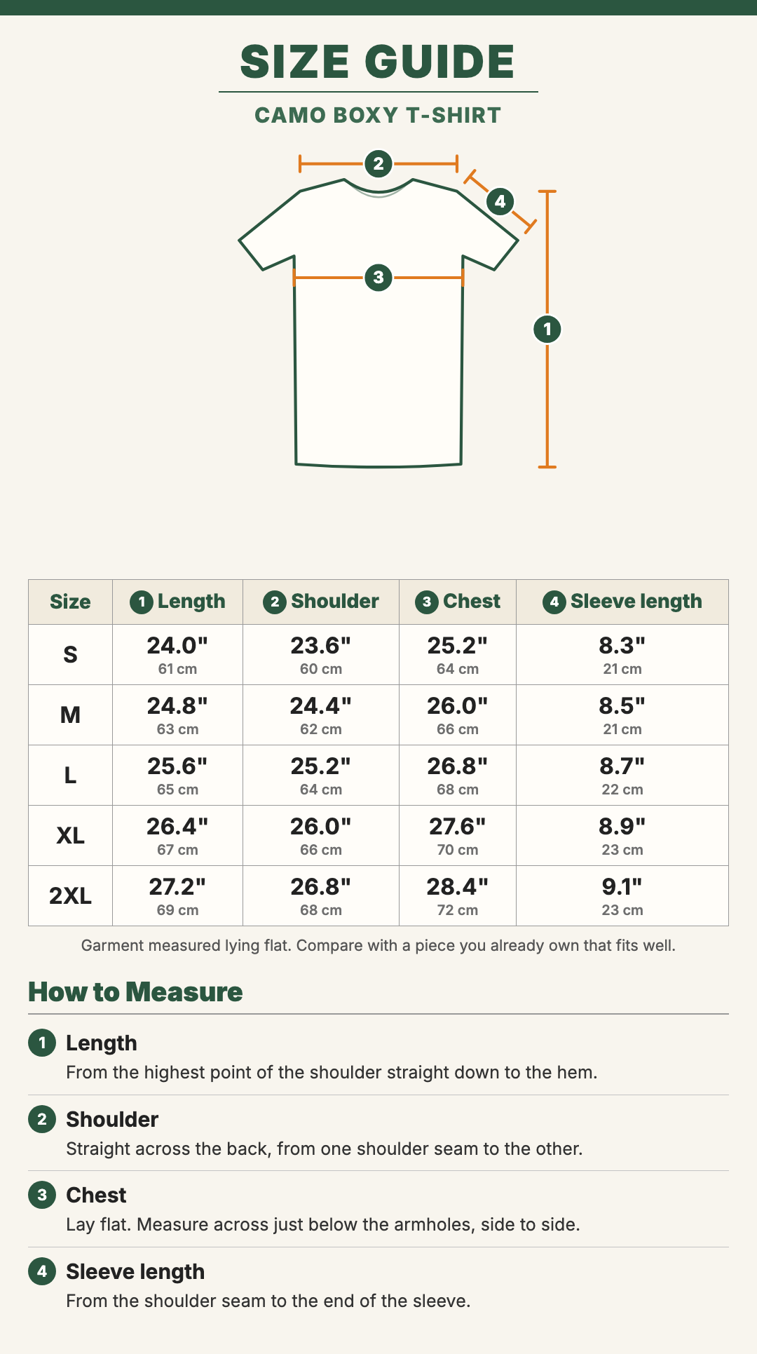 Camo Boxy T-Shirt size guide with a drawing showing where each measurement is taken