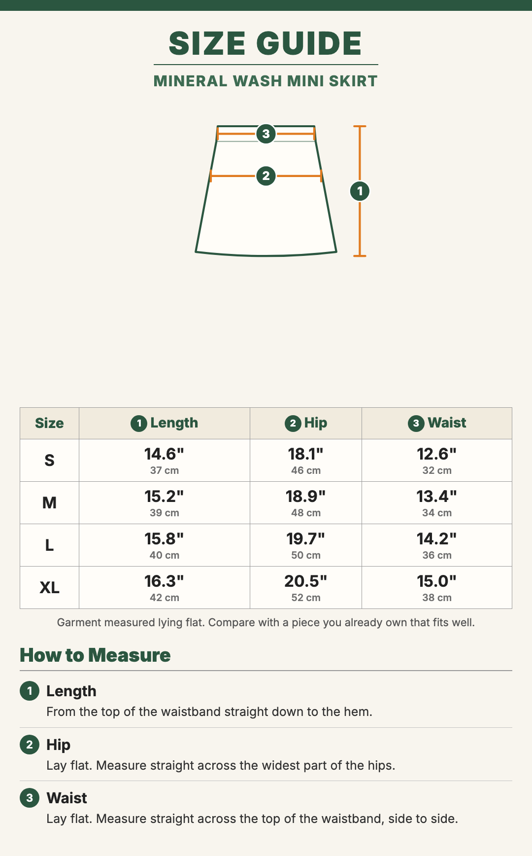 Mineral Wash Mini Skirt size guide with a drawing showing where each measurement is taken