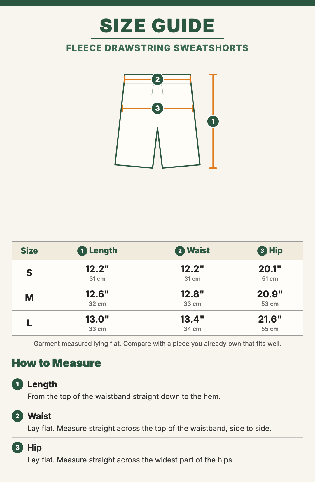 Fleece Drawstring Sweatshorts size guide with a drawing showing where each measurement is taken