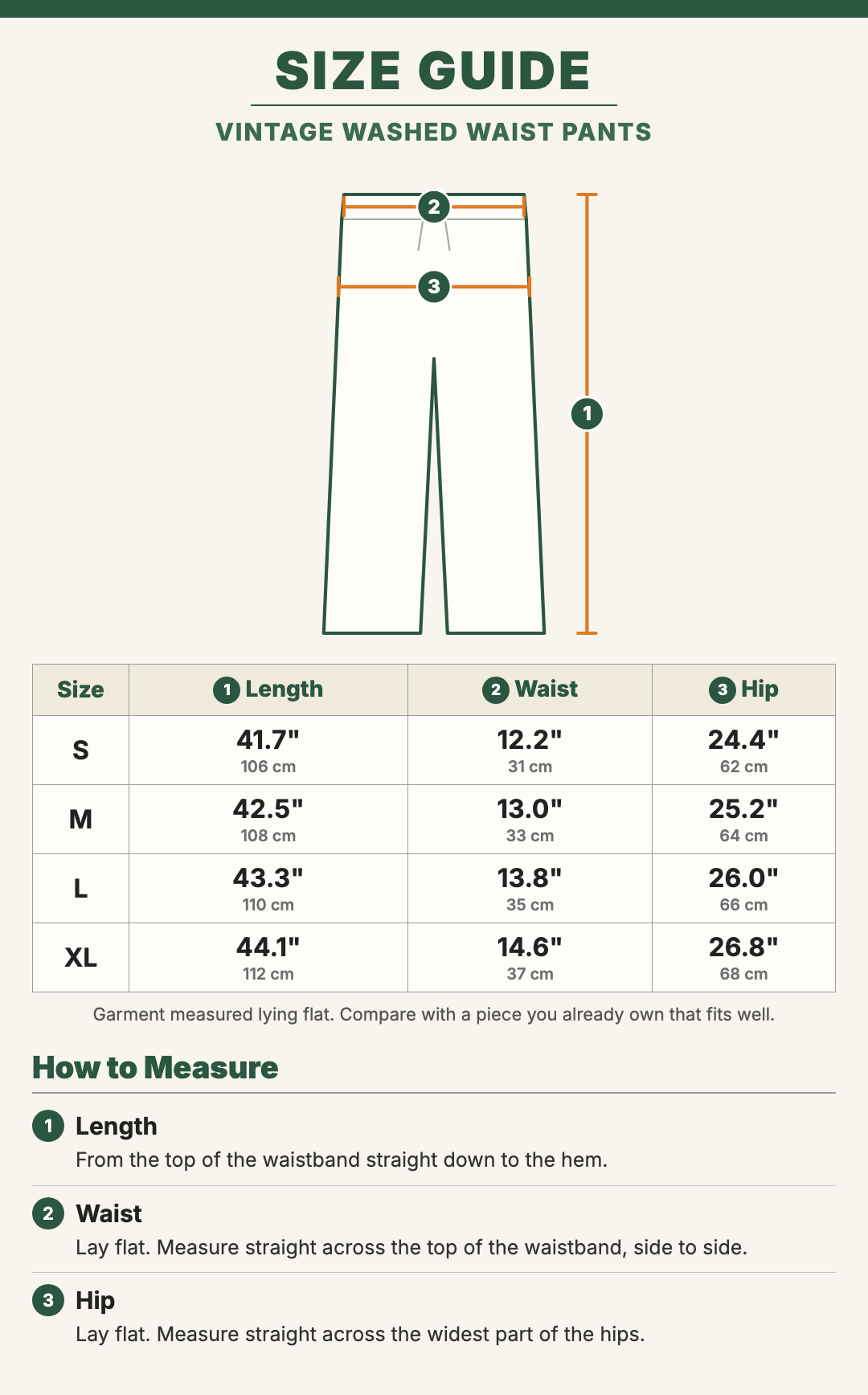 Vintage Washed Waist Pants size guide with a drawing showing where each measurement is taken