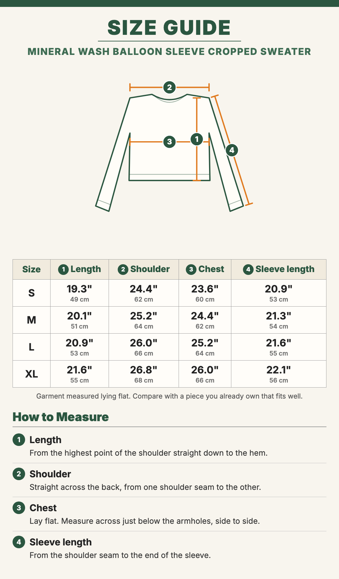 Mineral Wash Balloon Sleeve Cropped Sweater size guide with a drawing showing where each measurement is taken