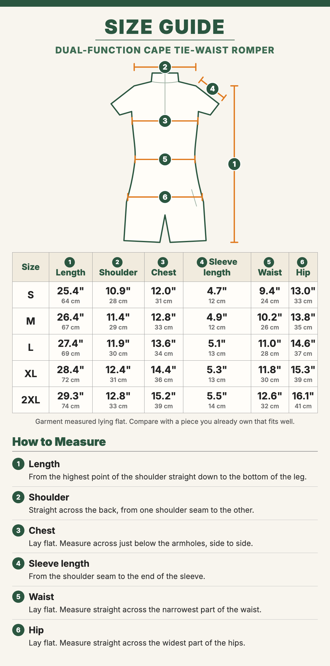 Dual-Function Cape Tie-Waist Romper size guide with a drawing showing where each measurement is taken