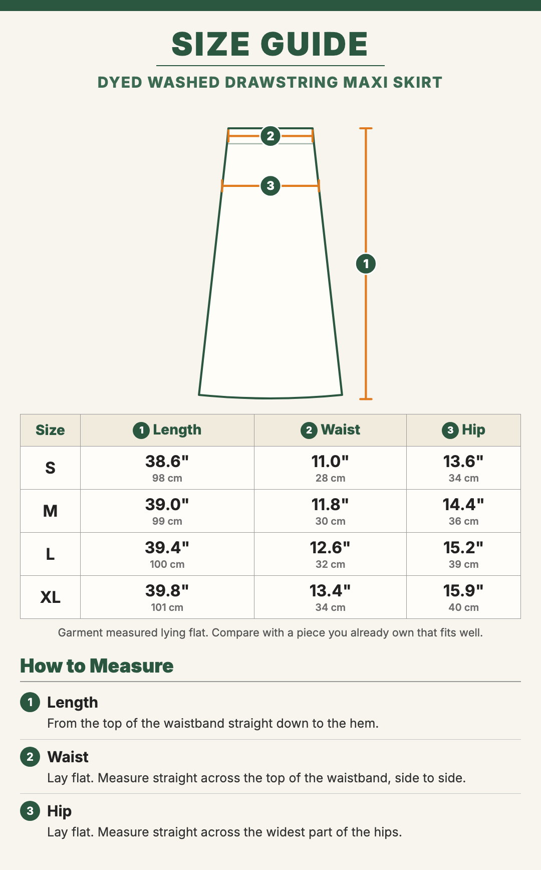 Dyed Washed Drawstring Maxi Skirt size guide with a drawing showing where each measurement is taken