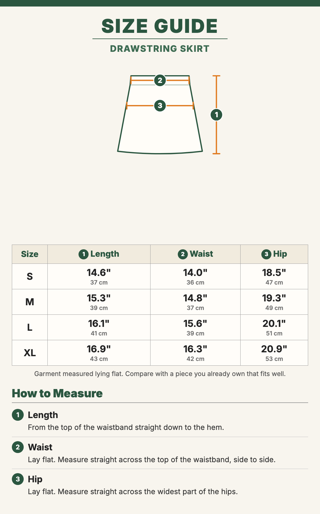 Drawstring Skirt size guide with a drawing showing where each measurement is taken