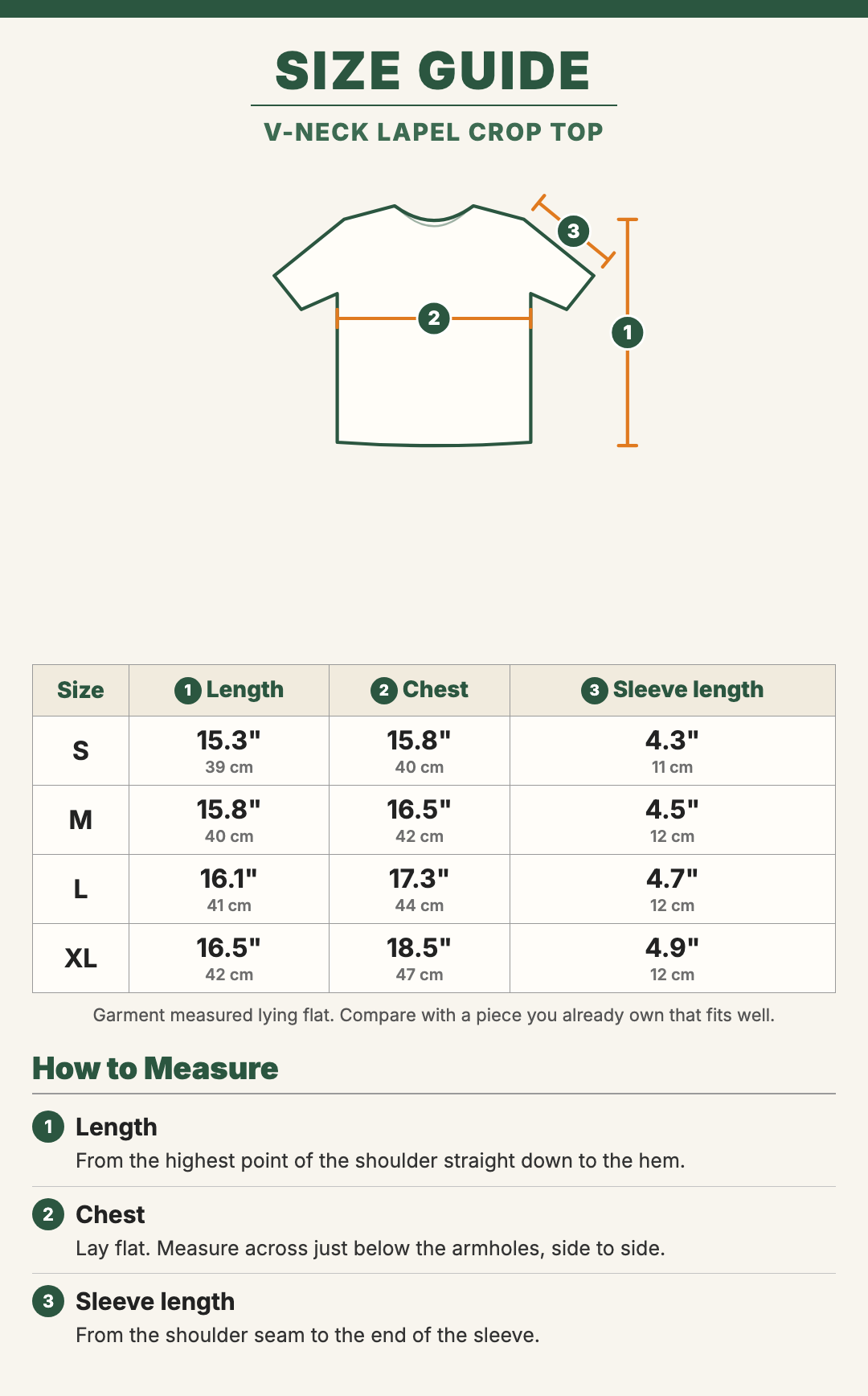 V-Neck Lapel Crop Top size guide with a drawing showing where each measurement is taken
