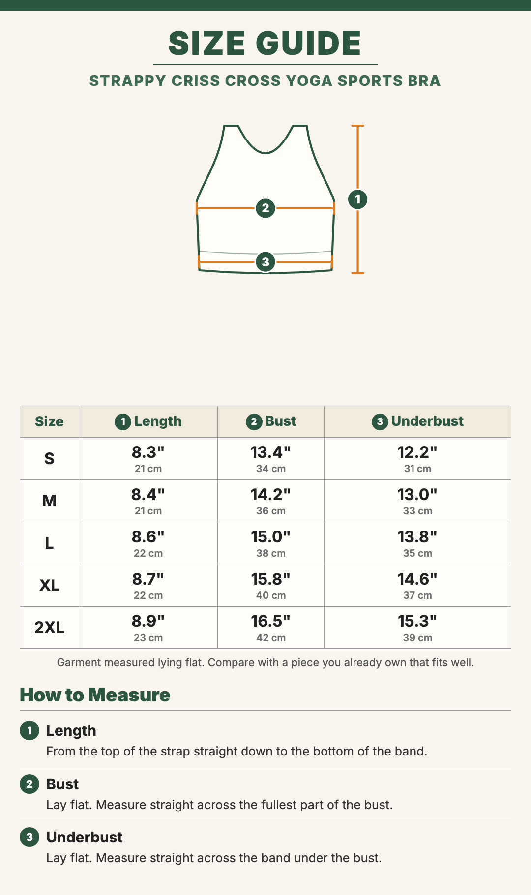 Strappy Criss Cross Yoga Sports Bra size guide with a drawing showing where each measurement is taken