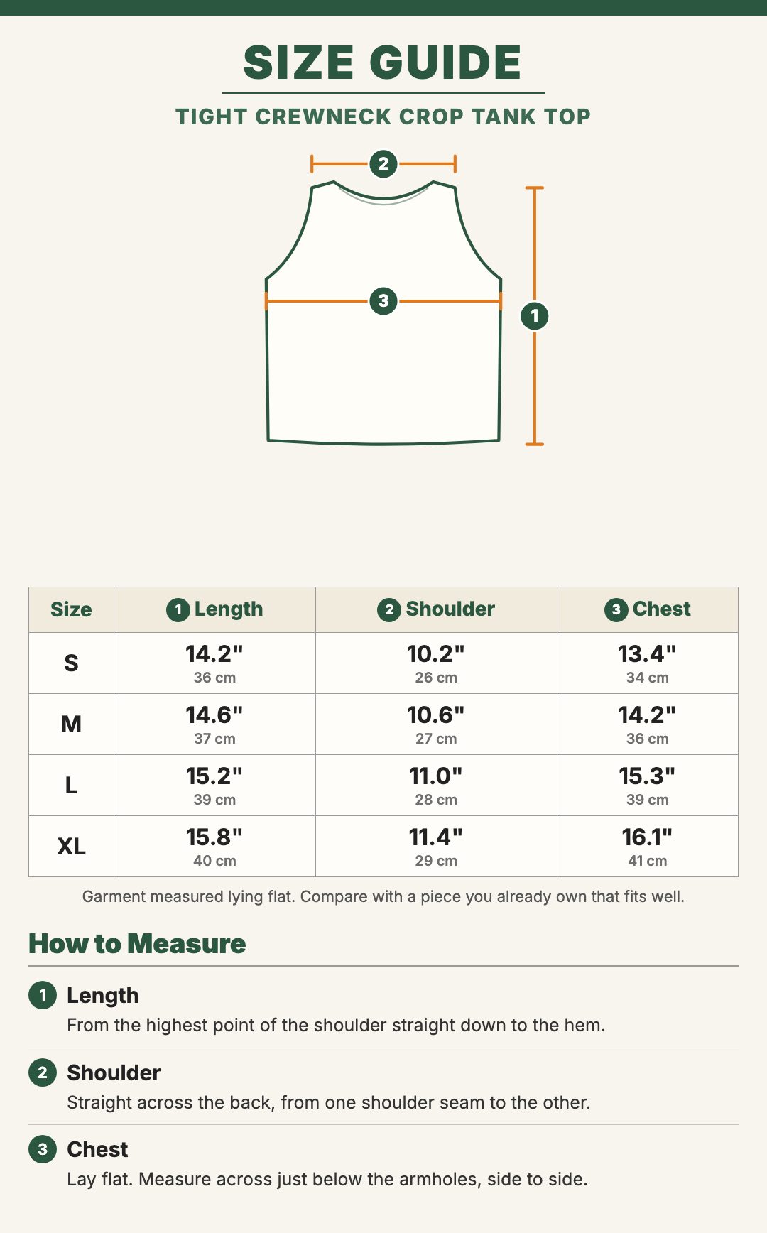 Tight Crewneck Crop Tank Top size guide with a drawing showing where each measurement is taken