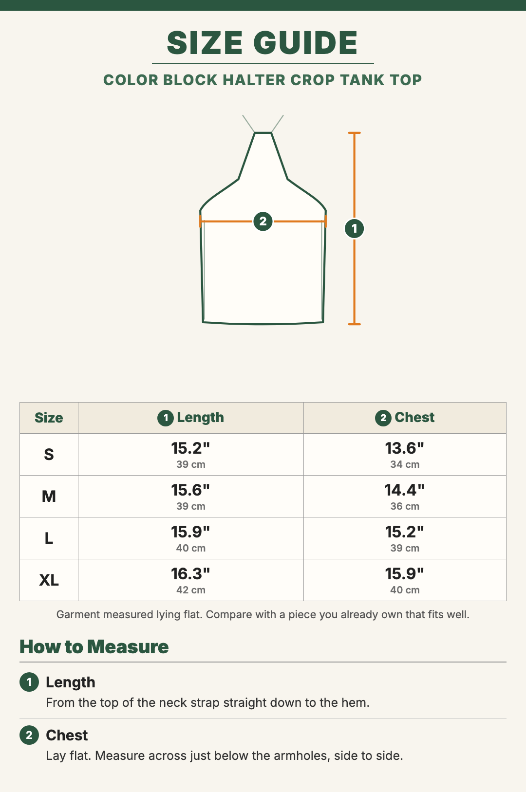 Color Block Halter Crop Tank Top size guide with a drawing showing where each measurement is taken
