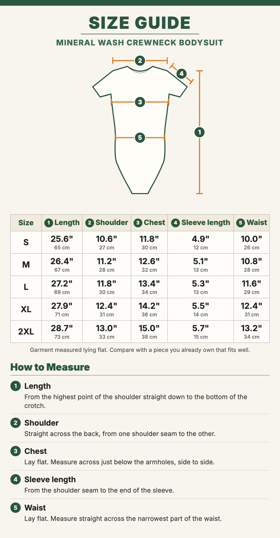 Mineral Wash Crewneck Bodysuit size guide with a drawing showing where each measurement is taken