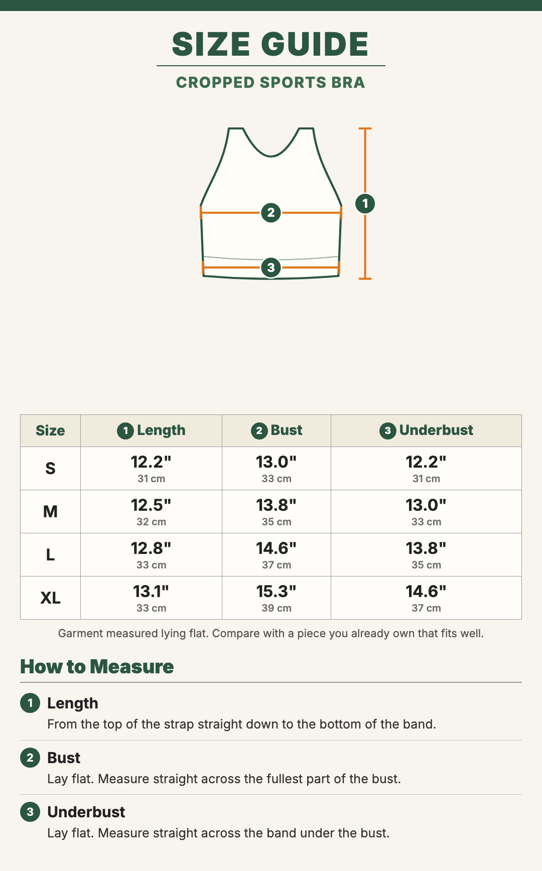 Cropped Sports Bra size guide with a drawing showing where each measurement is taken