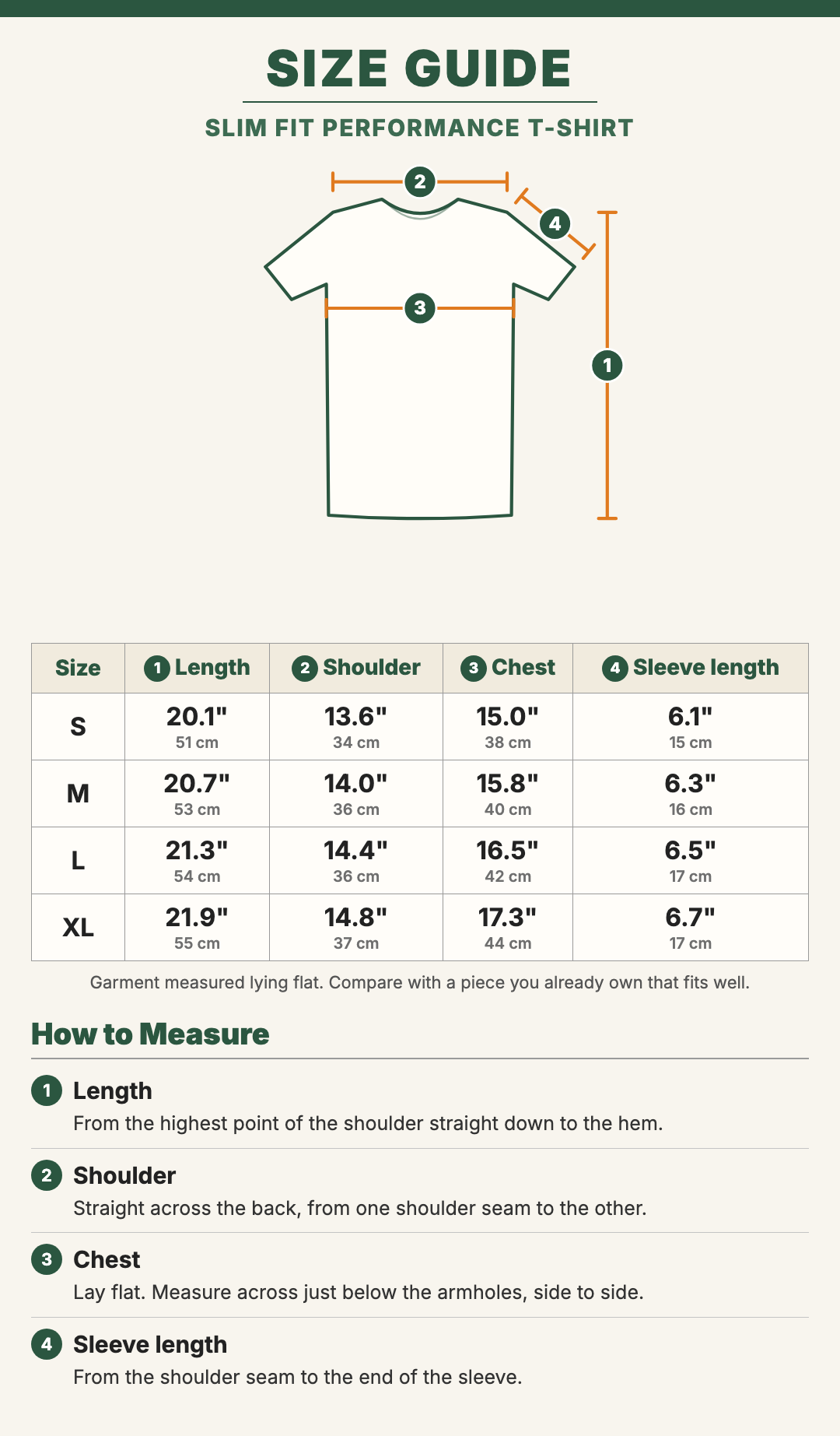 Slim Fit Performance T-Shirt size guide with a drawing showing where each measurement is taken