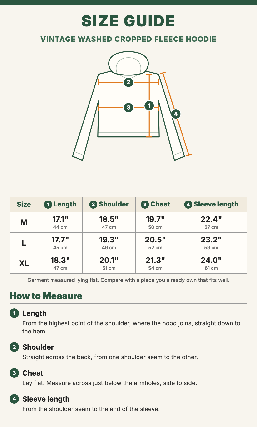 Vintage Washed Cropped Fleece Hoodie size guide with a drawing showing where each measurement is taken
