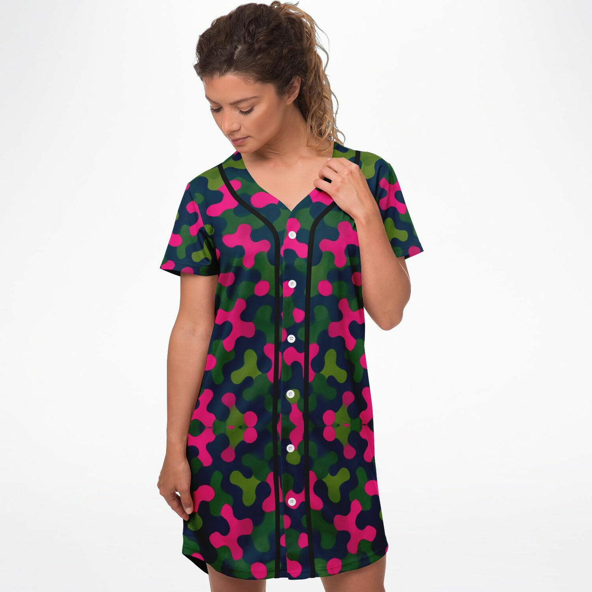 Rave Camo Baseball Jersey Dress, front, on model