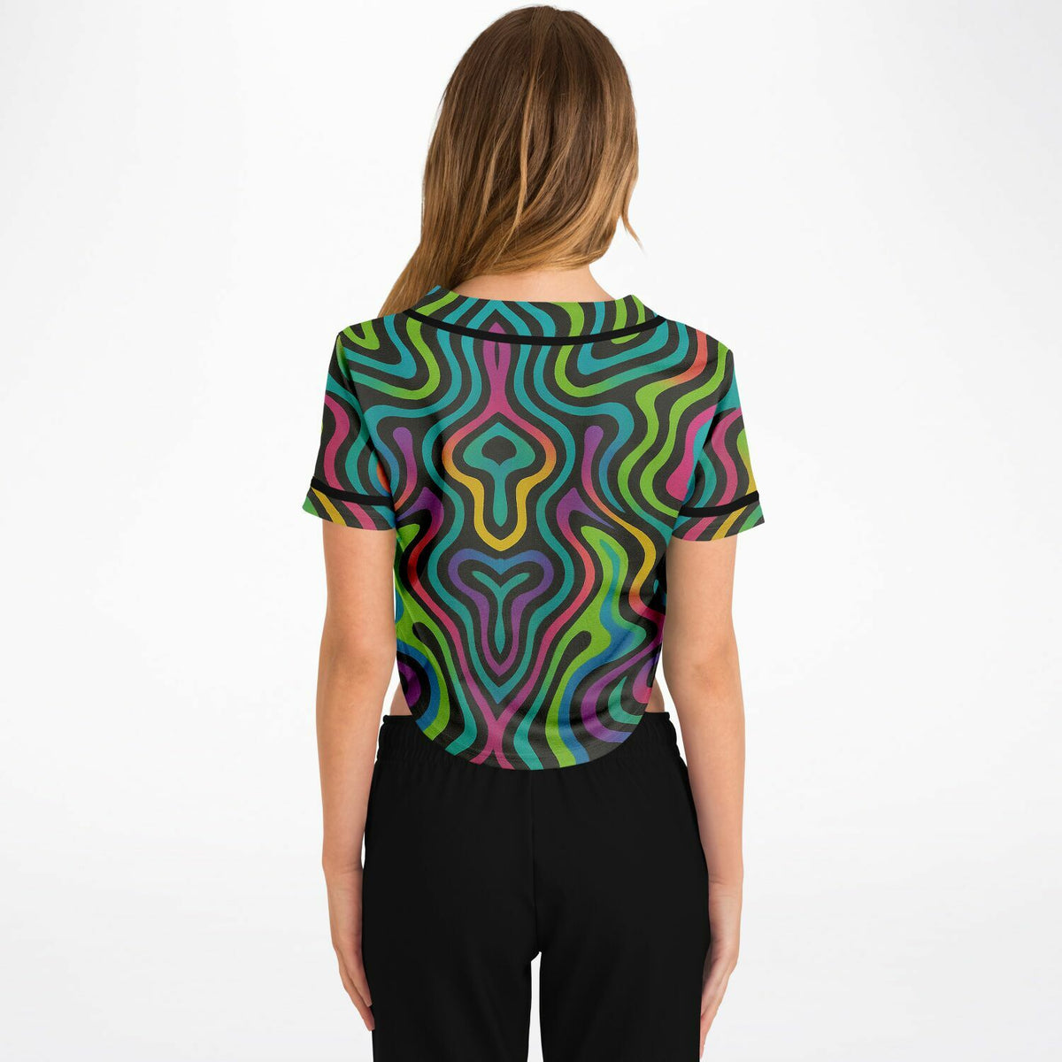 Psychedelic Drapes Cropped Baseball Jersey, back, on model
