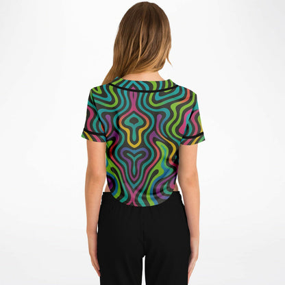Psychedelic Drapes Cropped Baseball Jersey, back, on model