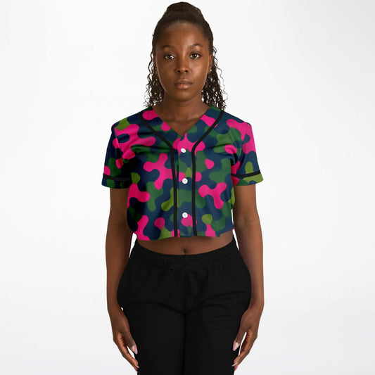 Rave Camo Cropped Baseball Jersey, front, on model