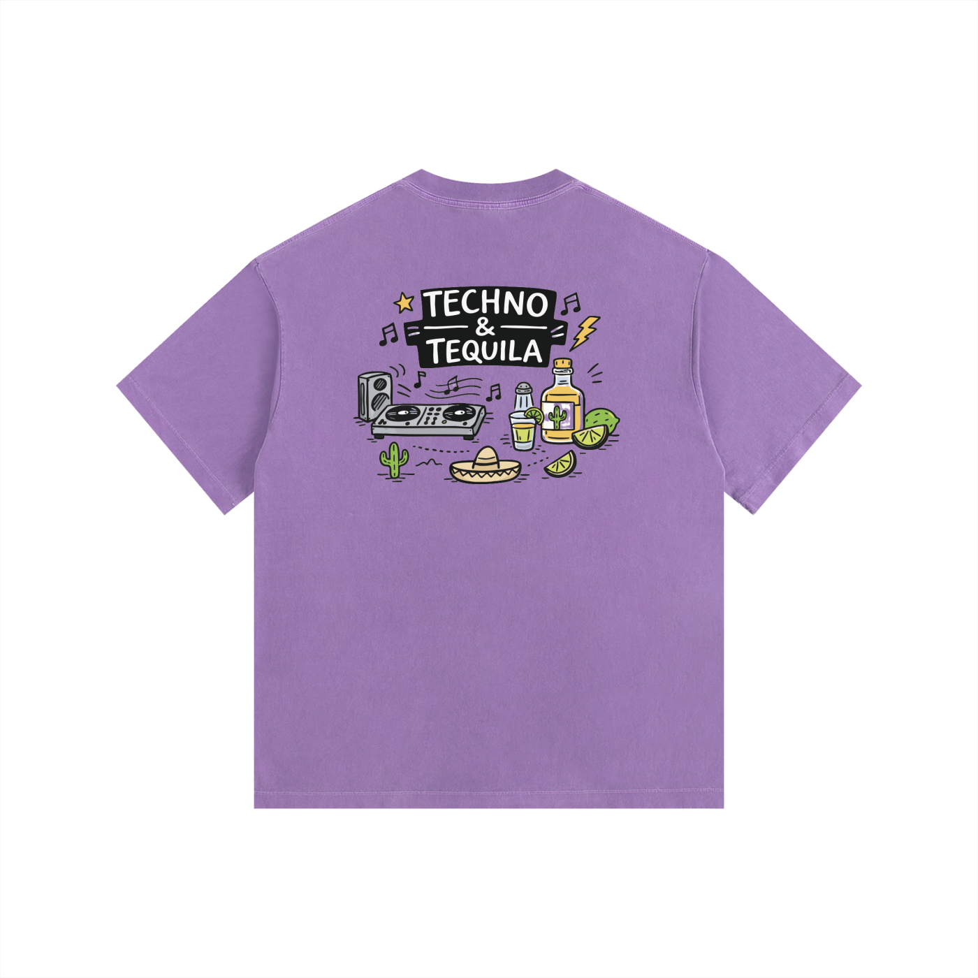 Techno & Tequila Oversized T-Shirt in Purple detail view by Rave Uniform