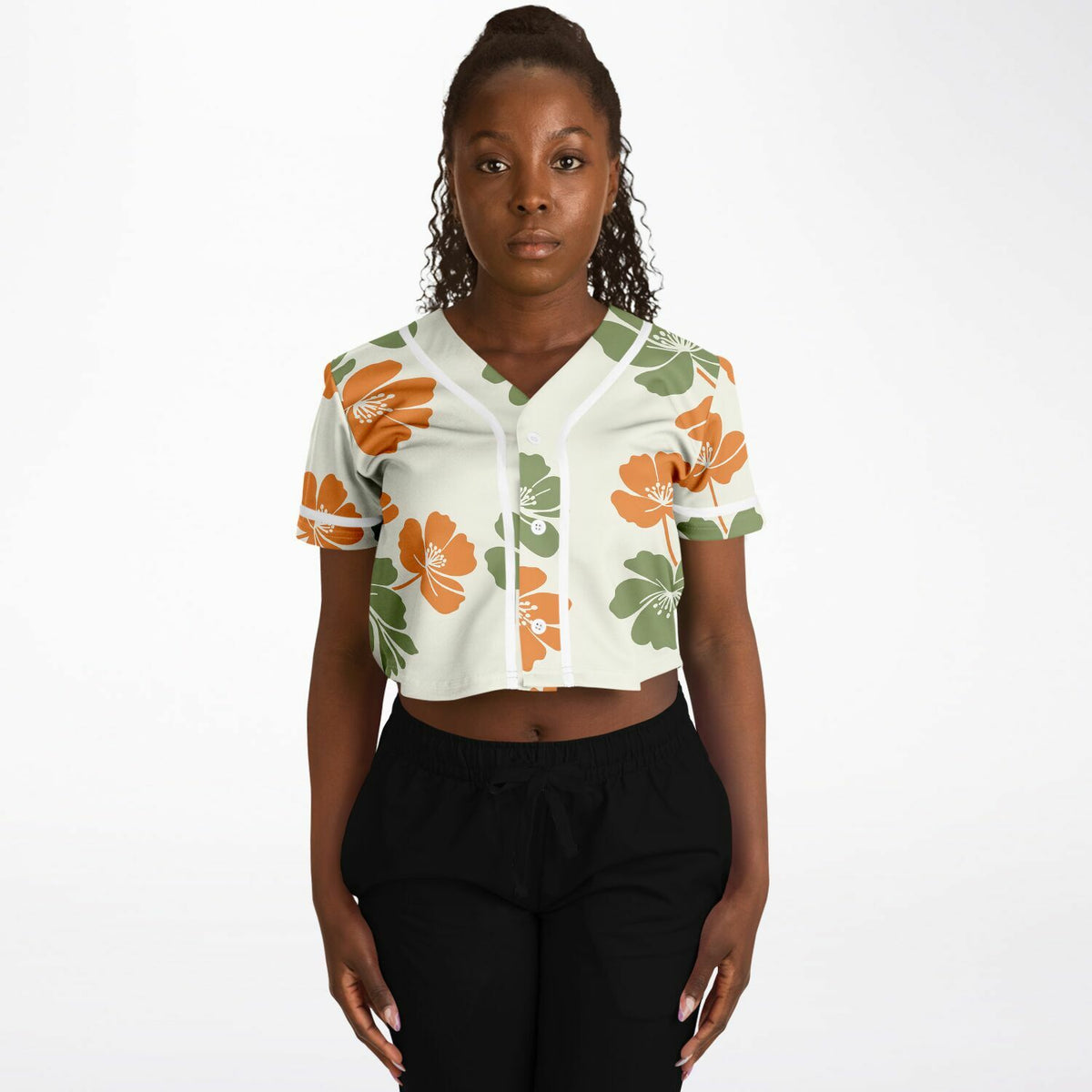 Floral Breeze Cropped Baseball Jersey, front, on model