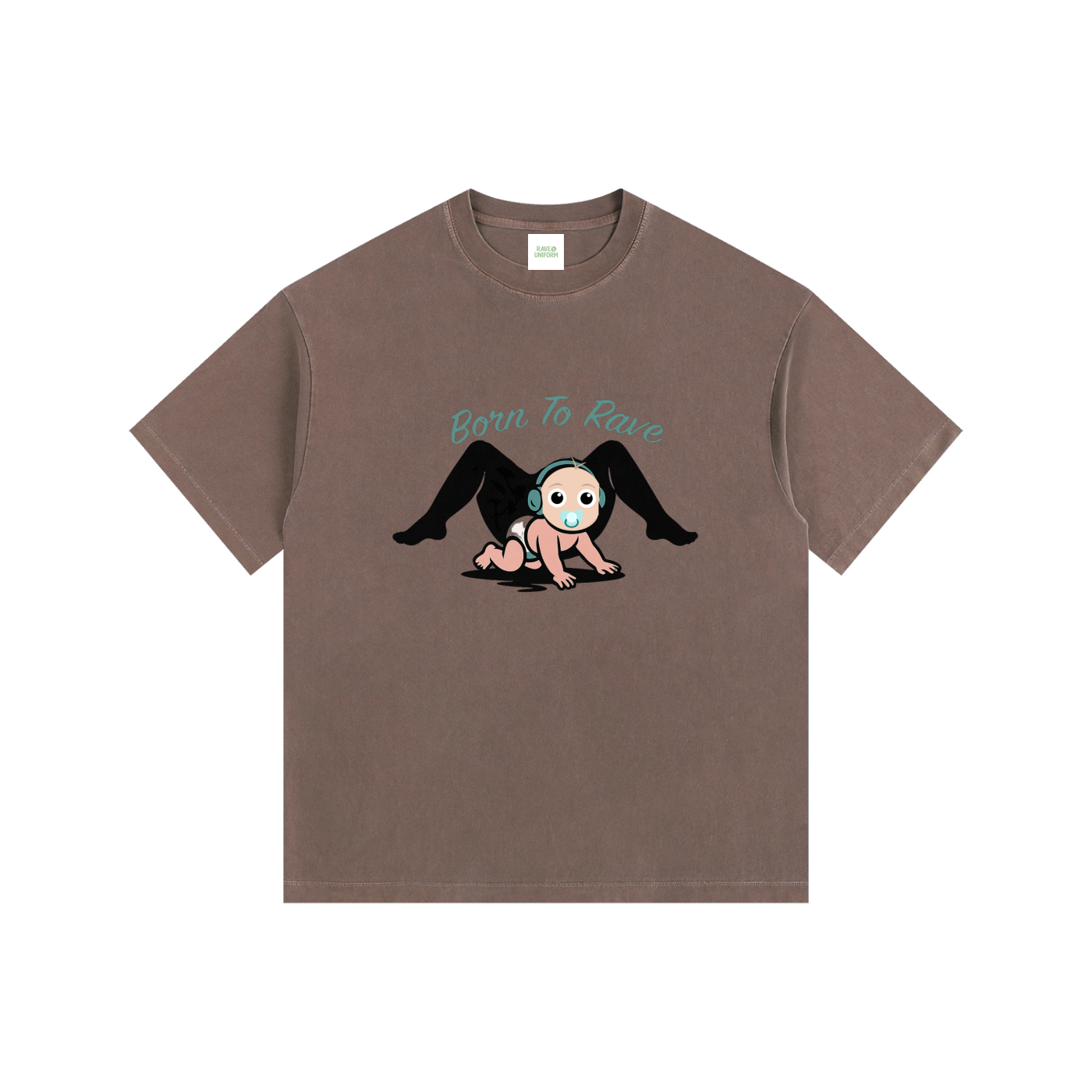 Born To Rave Oversized T-Shirt in Coffee detail view by Rave Uniform