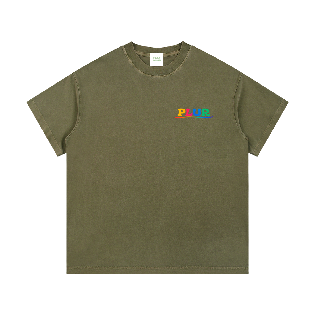 Green rave streetwear t-shirt with a colorful plur on a white background