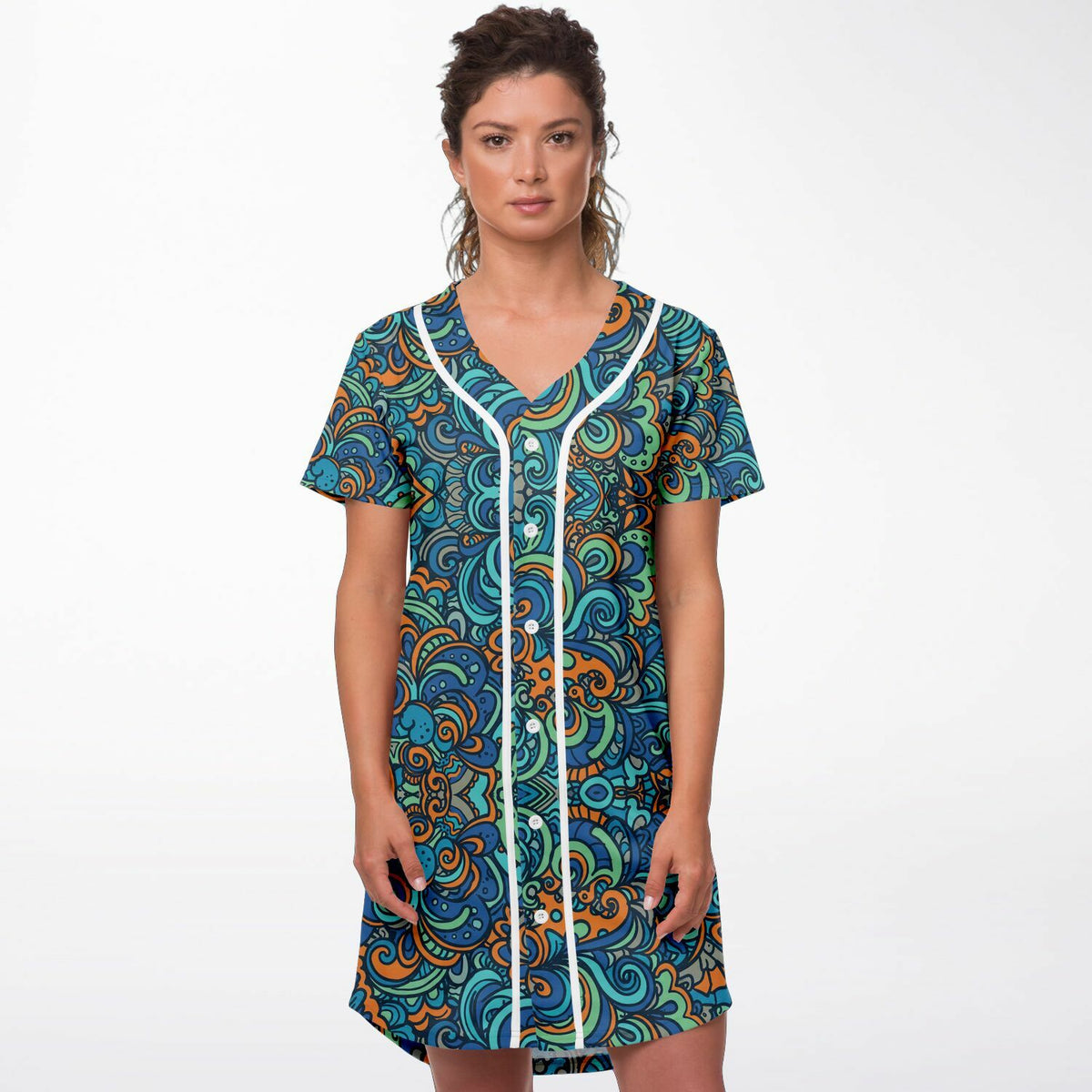 Tropical Island Baseball Jersey Dress, front, on model
