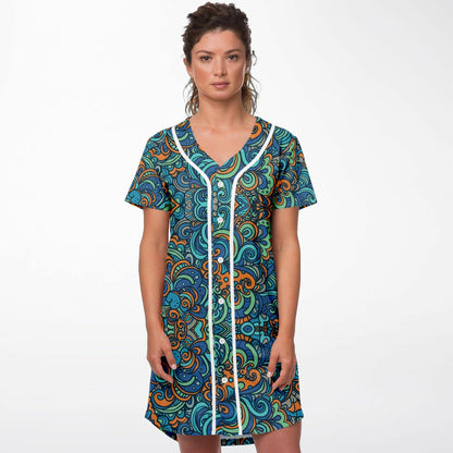 Tropical Island Baseball Jersey Dress, front, on model