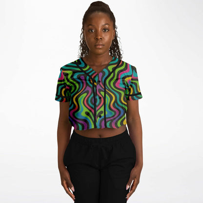 Psychedelic Drapes Cropped Baseball Jersey, front, on model