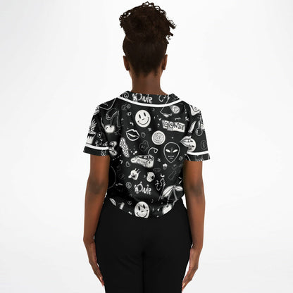 Stoner Doodles Cropped Baseball Jersey, back, on model