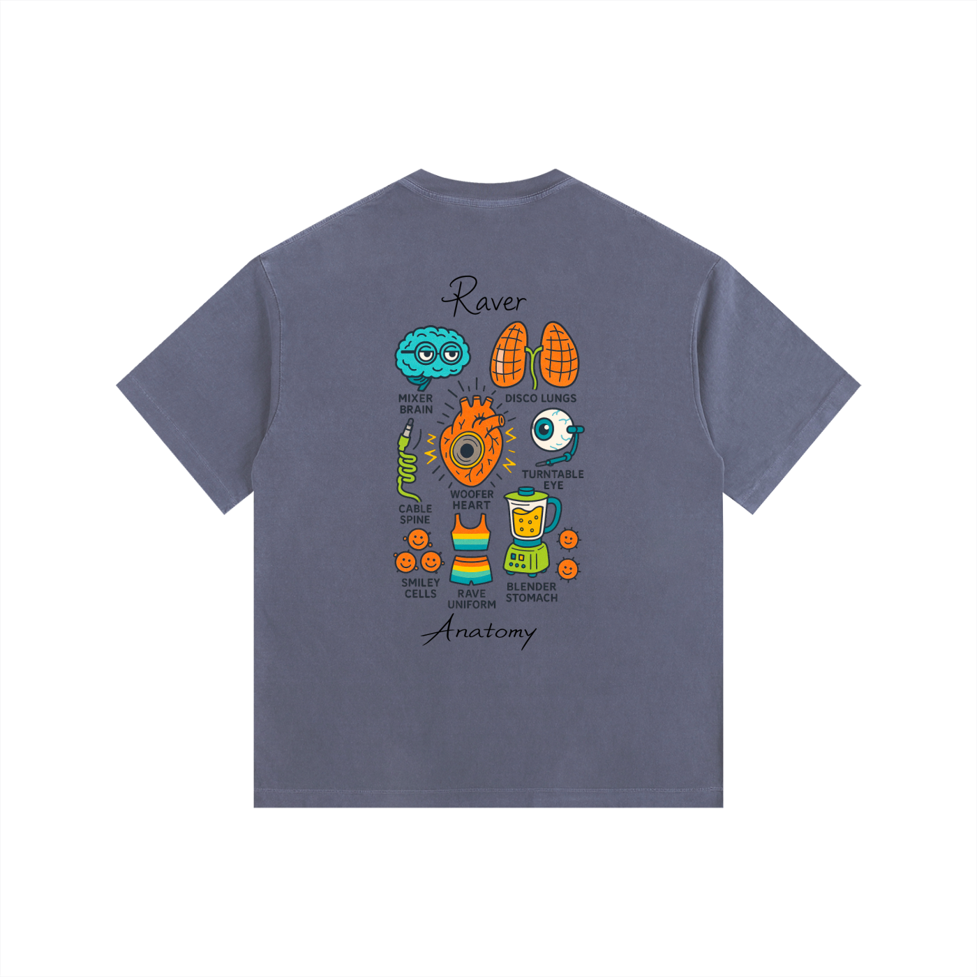 Raver Anatomy Oversized T-Shirt in Navy Blue detail view by Rave Uniform
