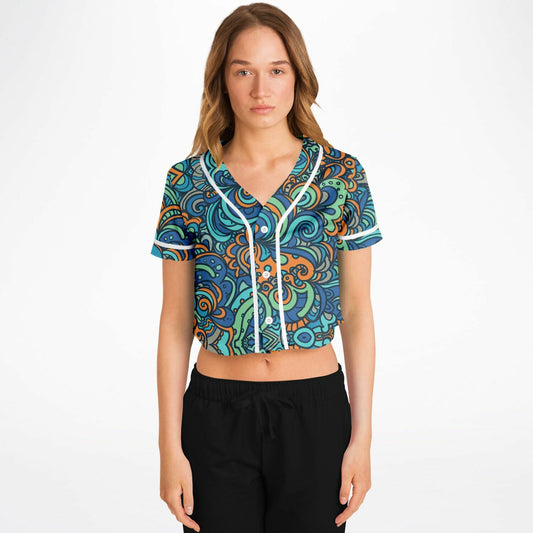 Tropical Island Cropped Baseball Jersey, front, on model