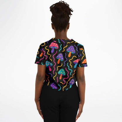 Mushroom Confetti Cropped Baseball Jersey, back, on model