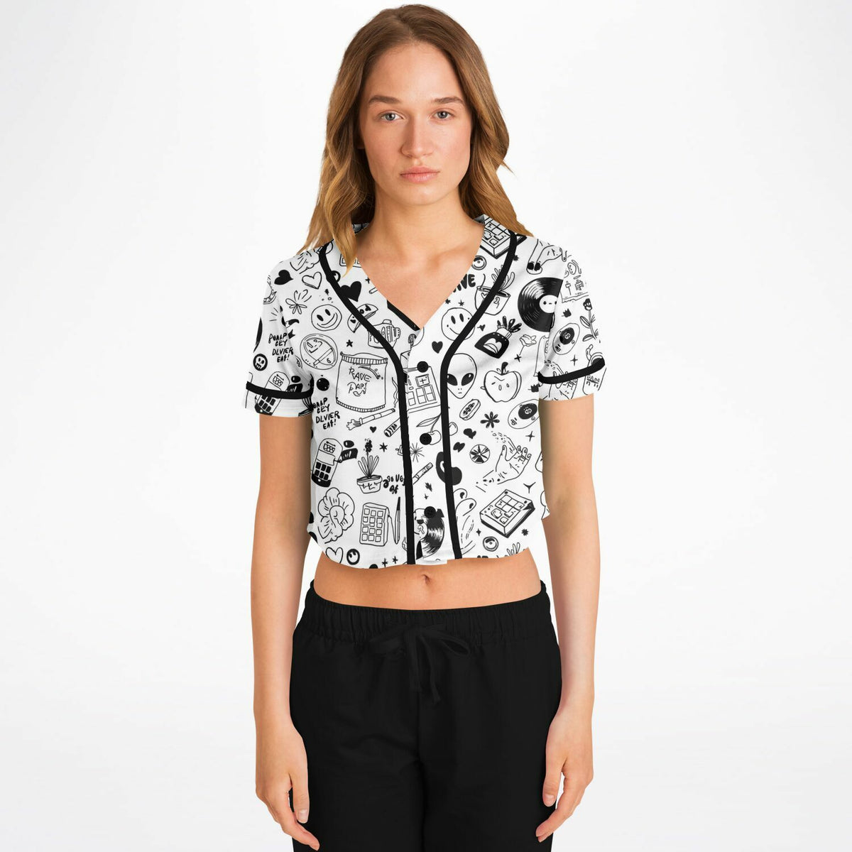 Stoner Doodles Inverted Cropped Baseball Jersey, front, on model