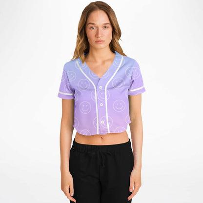Cotton Candy Smiles Cropped Baseball Jersey, front, on model