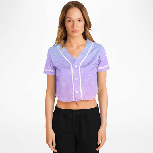 Cotton Candy Smiles Cropped Baseball Jersey, front, on model