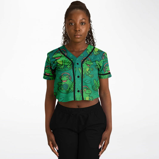 Bass Frog Cropped Baseball Jersey, front, on model