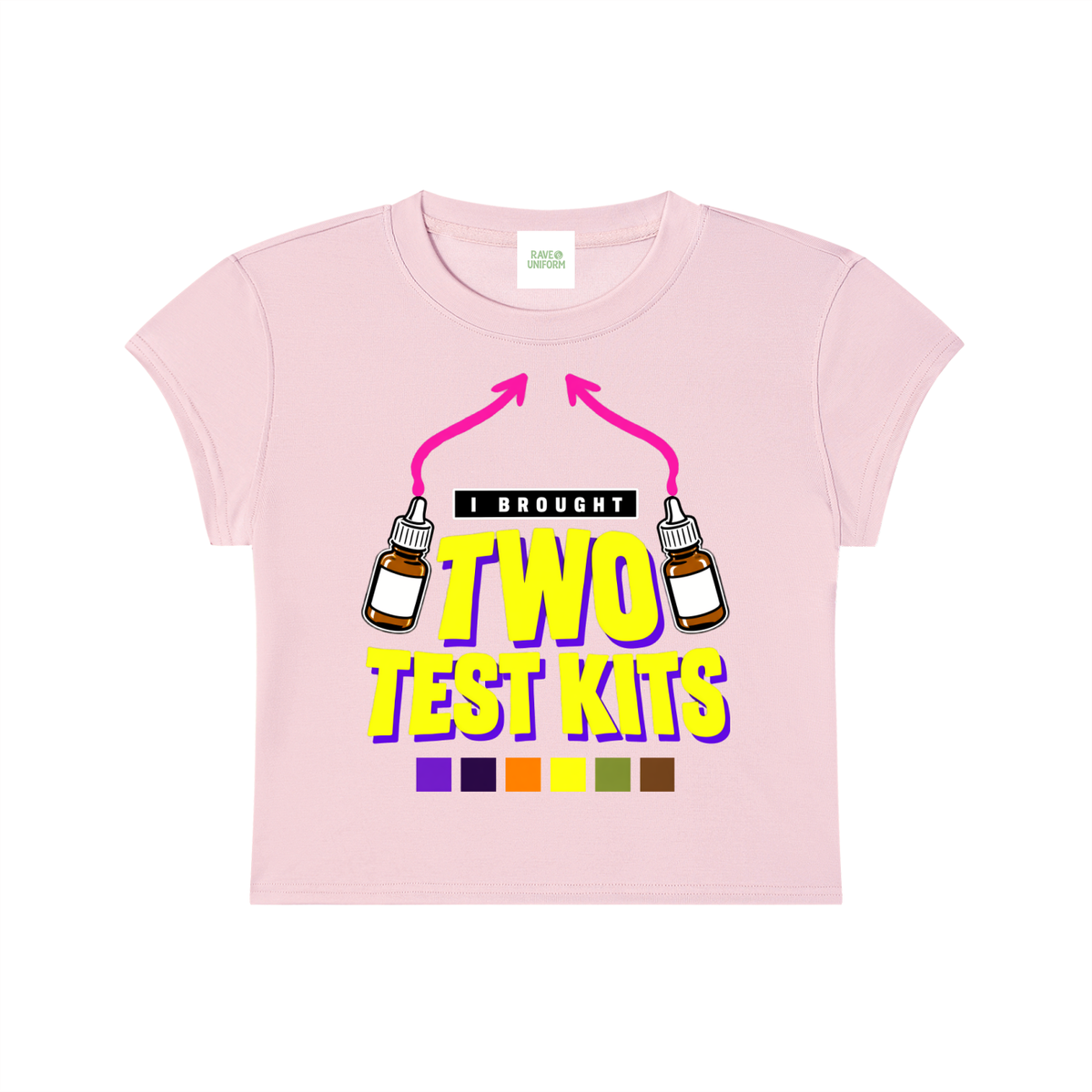 Two Test Kits Baby Tee in Pink, front with the print