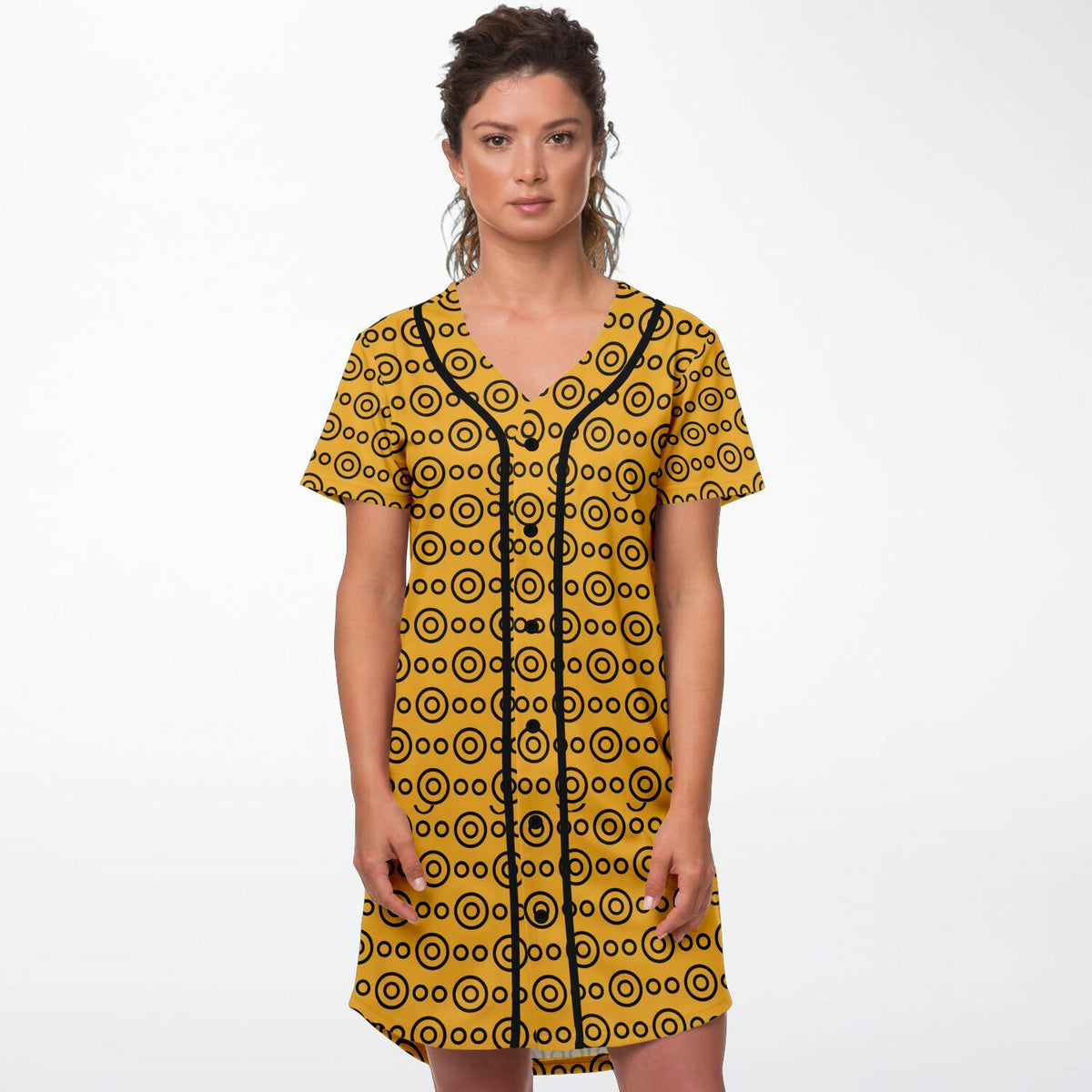 Yellow Eyes Baseball Jersey Dress, front, on model