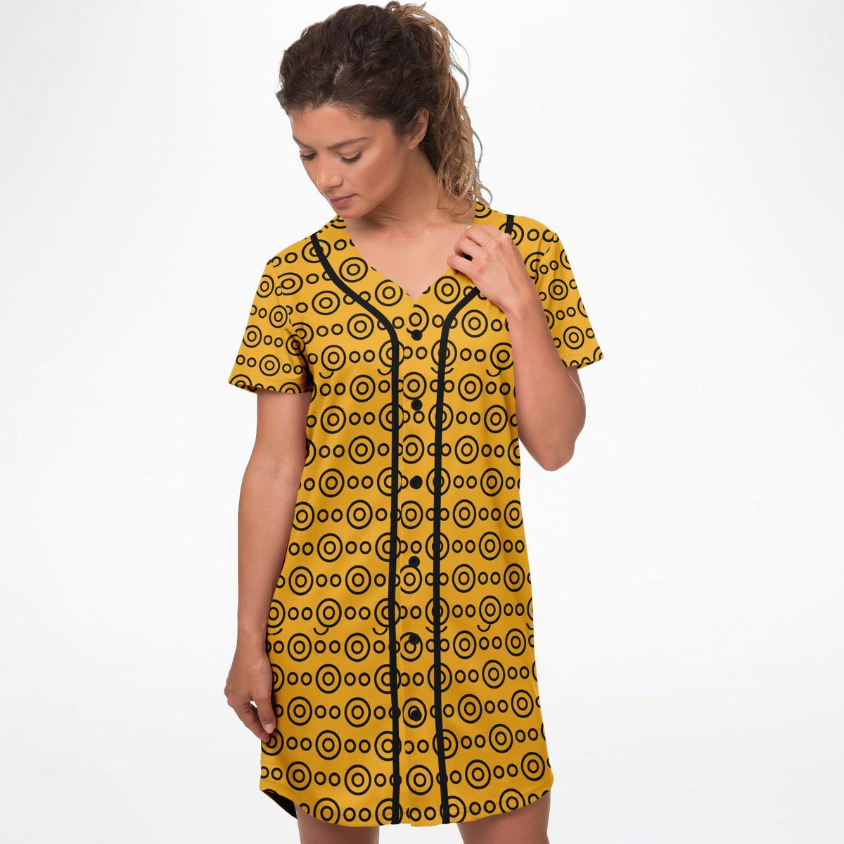 Yellow Eyes Baseball Jersey Dress, front, on model