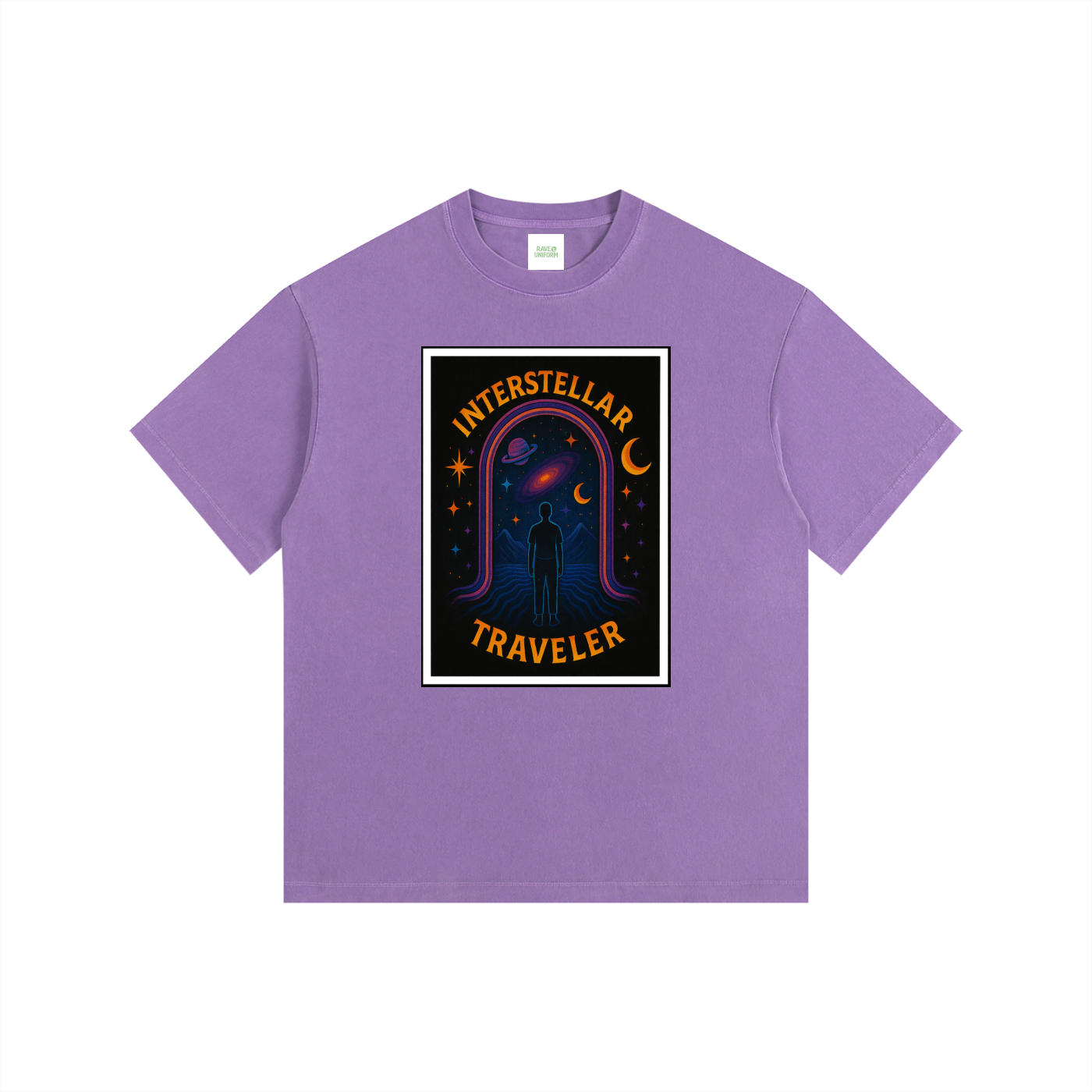 Interstellar Traveller Oversized T-Shirt in Purple detail view by Rave Uniform