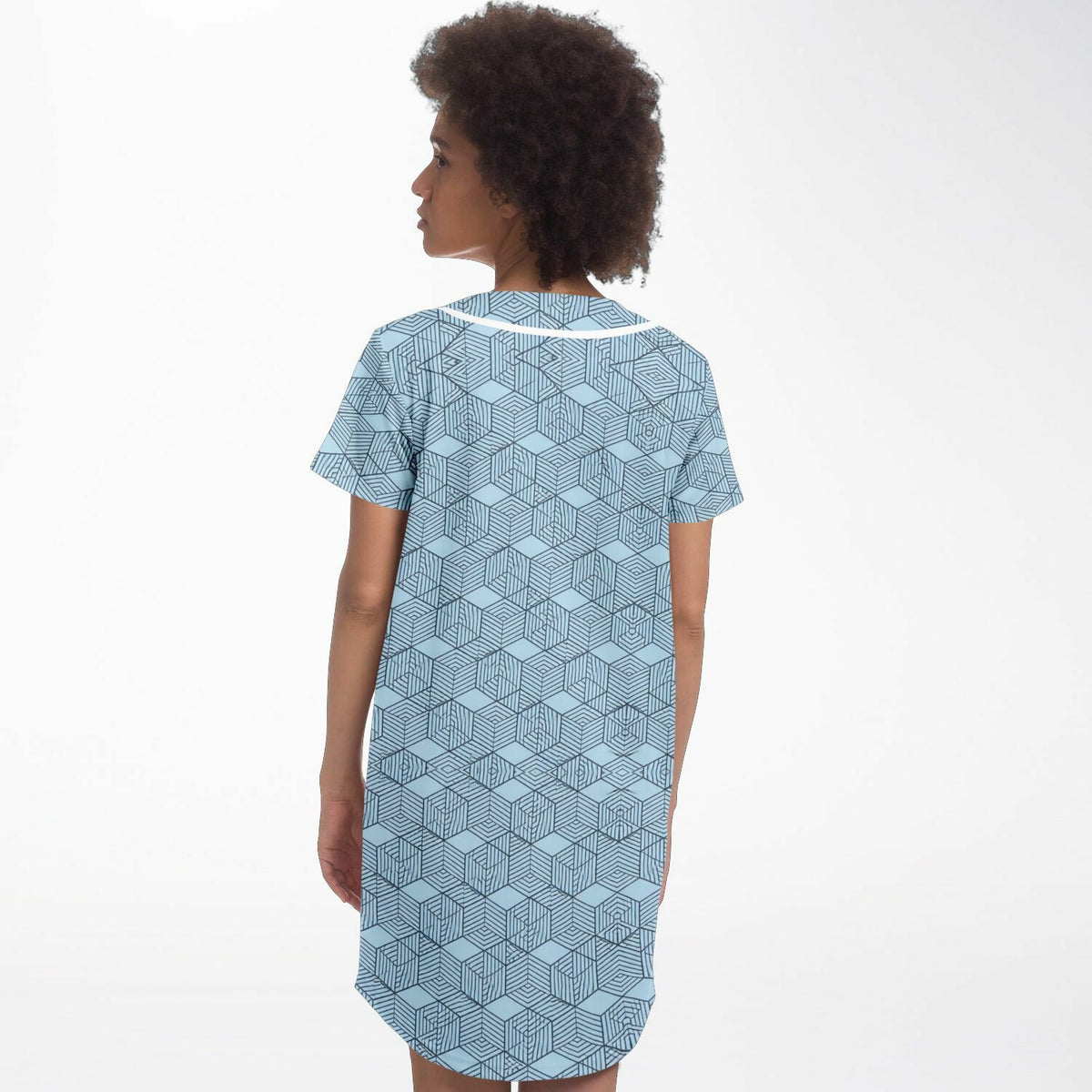 Geometric Cubes Baseball Jersey Dress, back, on model