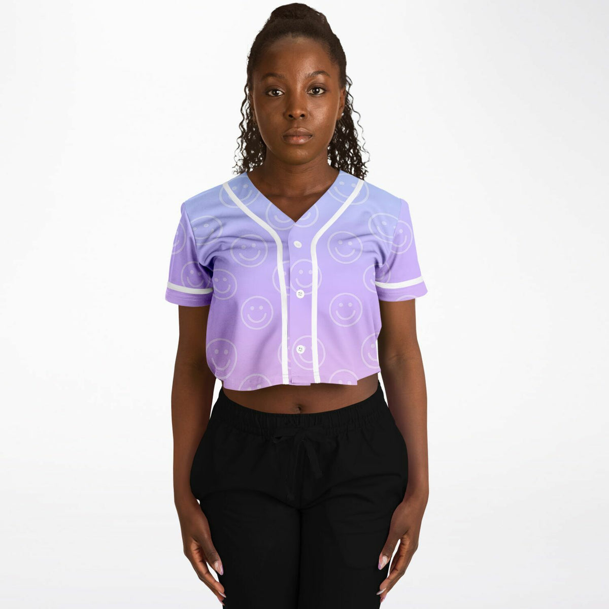 Cotton Candy Smiles Cropped Baseball Jersey, front, on model