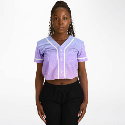 Cotton Candy Smiles Cropped Baseball Jersey, front, on model
