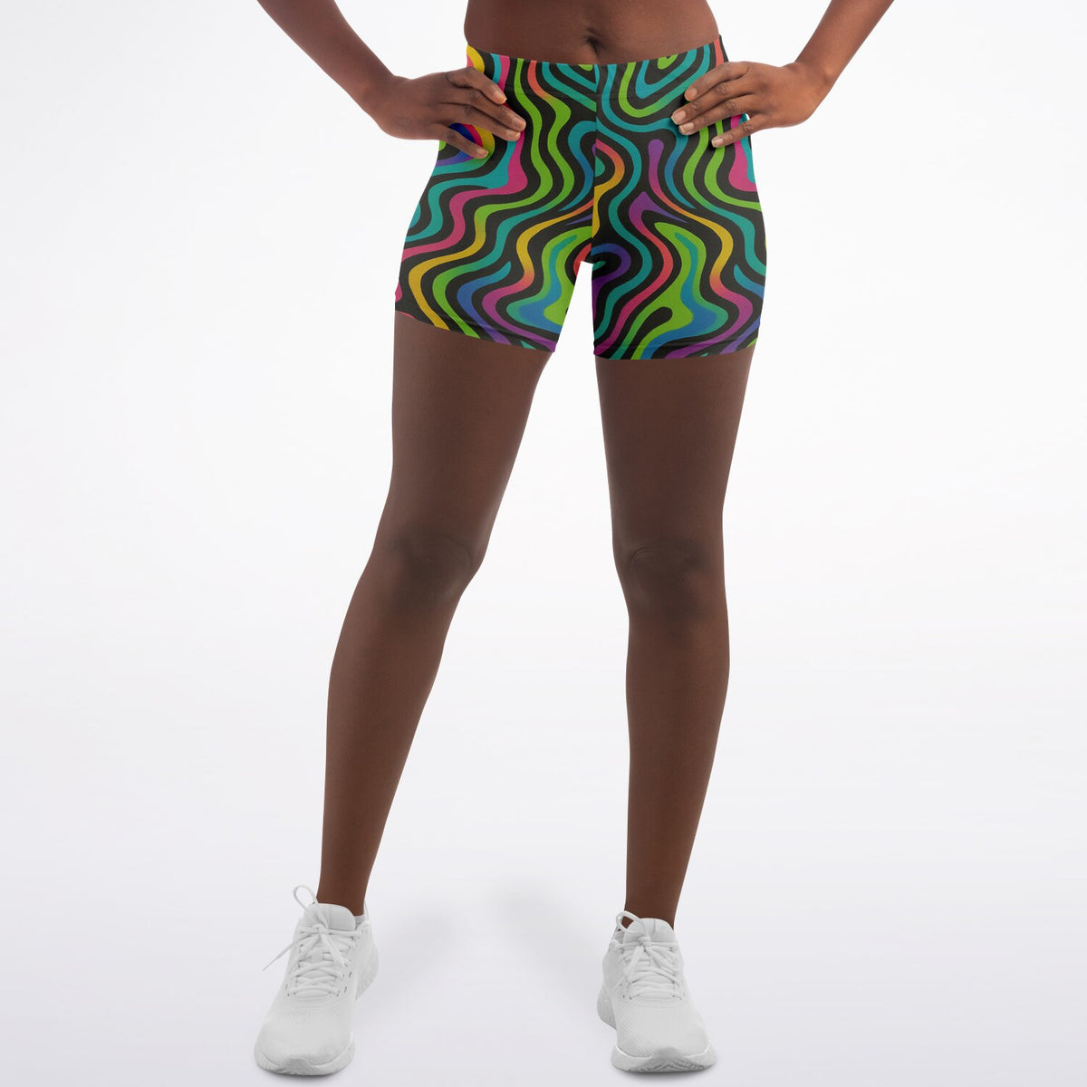 Psychedelic Drapes Legging Shorts, front, on model