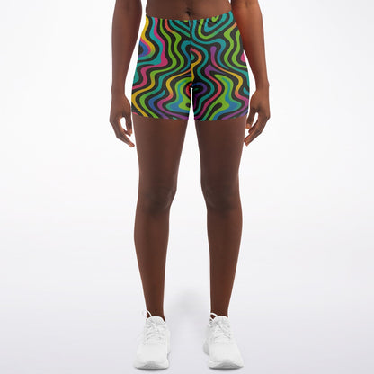 Psychedelic Drapes Legging Shorts, front, on model