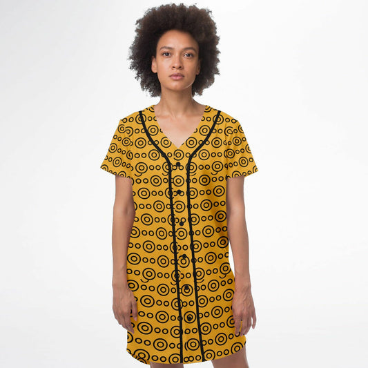 Yellow Eyes Baseball Jersey Dress, front, on model