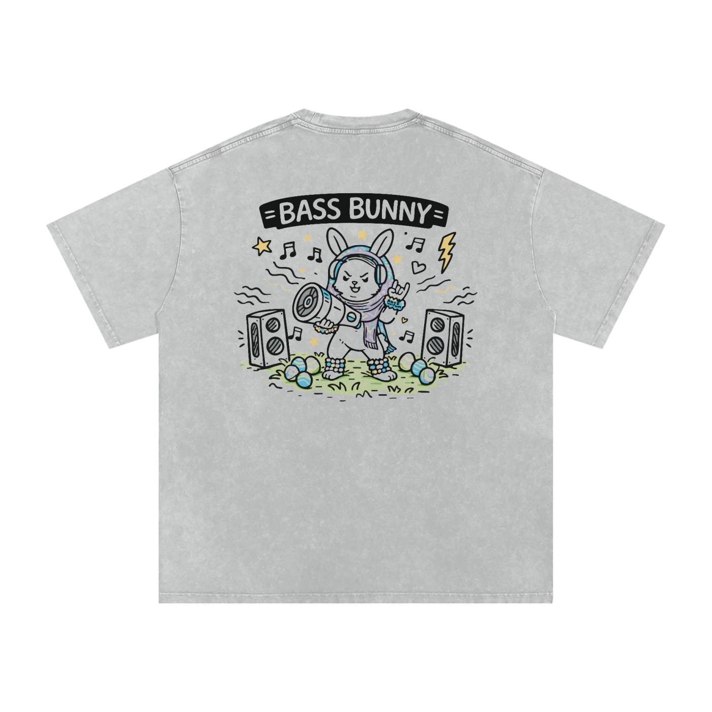 Bass Bunny Oversized Vintage T-Shirt in Light Gray alternate view by Rave Uniform