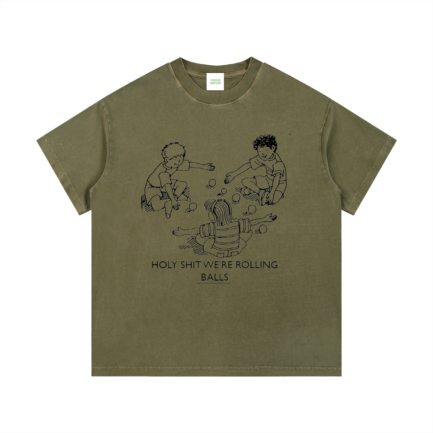Rolling Balls T-Shirt in Army Green detail view by Rave Uniform