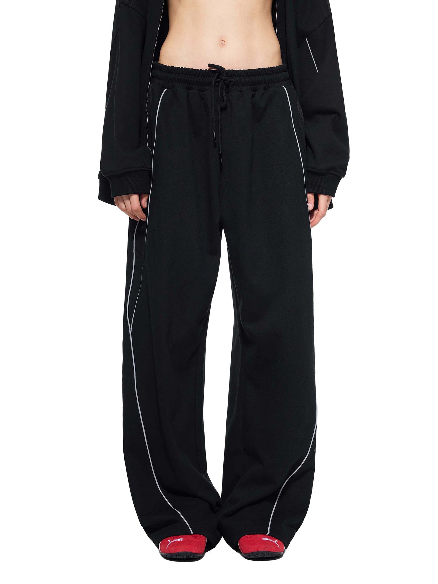 Vinyl Love Reflector Sweatpants in Red detail view by Rave Uniform