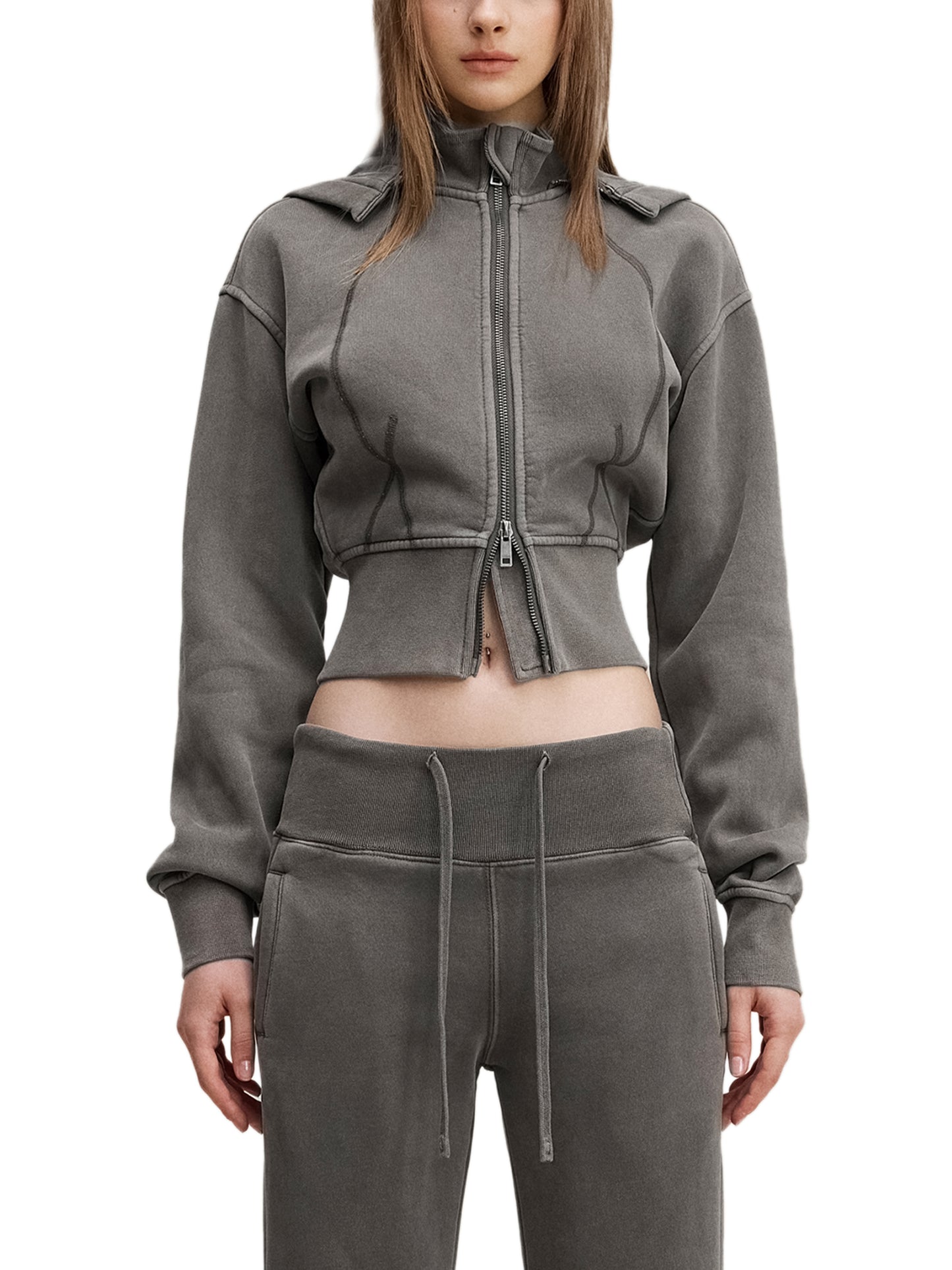 Labubu Cropped Fleece Hoodie in Dark Gray alternate view by Rave Uniform